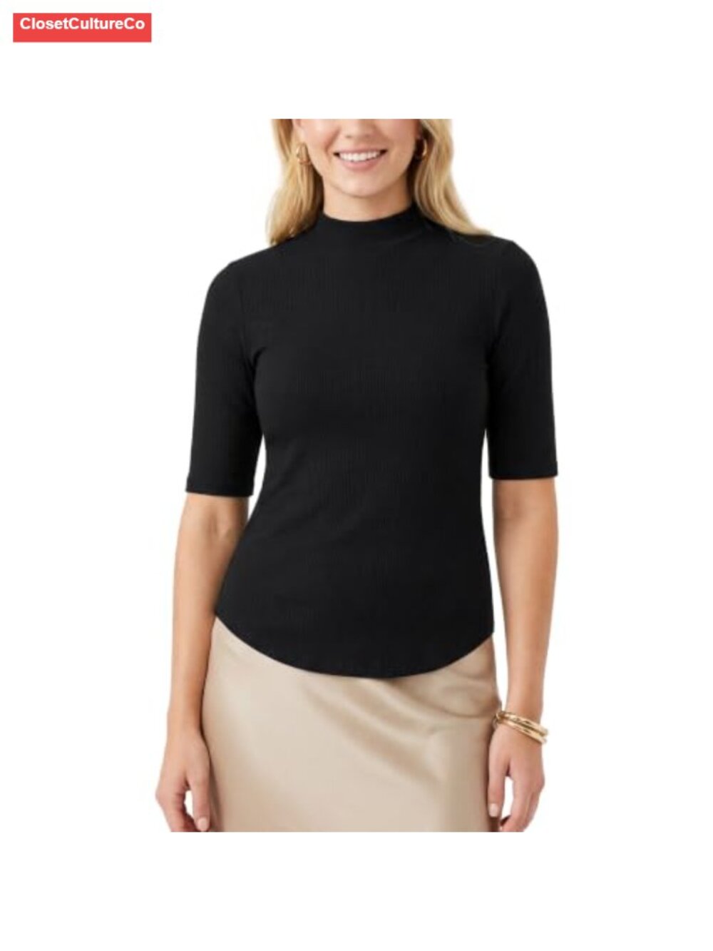 Ribbed Mock Neck Short Sleeve Turtleneck Top Slim Fit Office Shirt